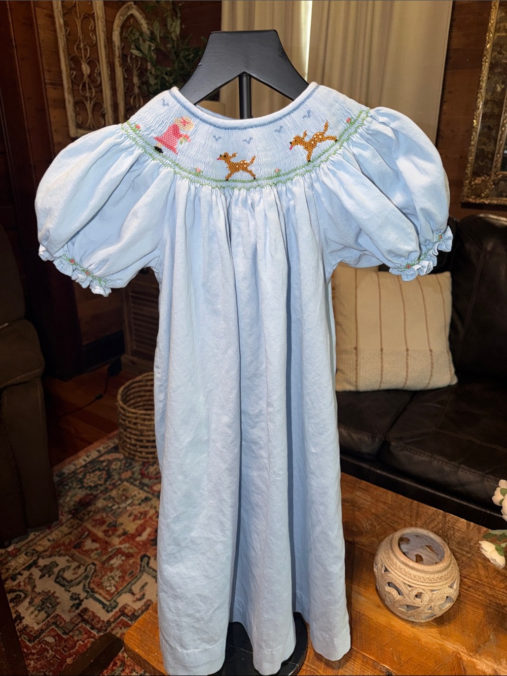 Light Blue Smocked Puff-Sleeve Kids Casual Dress